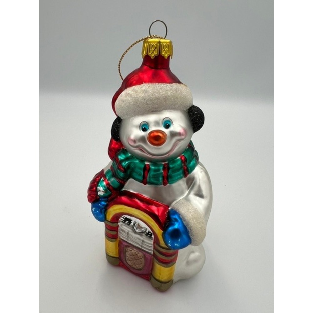 Vintage Snowman Retro Jukebox Glass Christmas Ornament Santa Hat 5.25in 1990's - Picture 4 of 12
